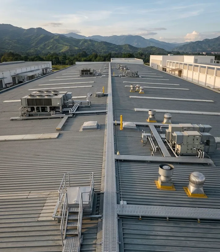 Cubierta industrial con equipos de climatización, escalera de acceso y un pasillo técnico que la recorre