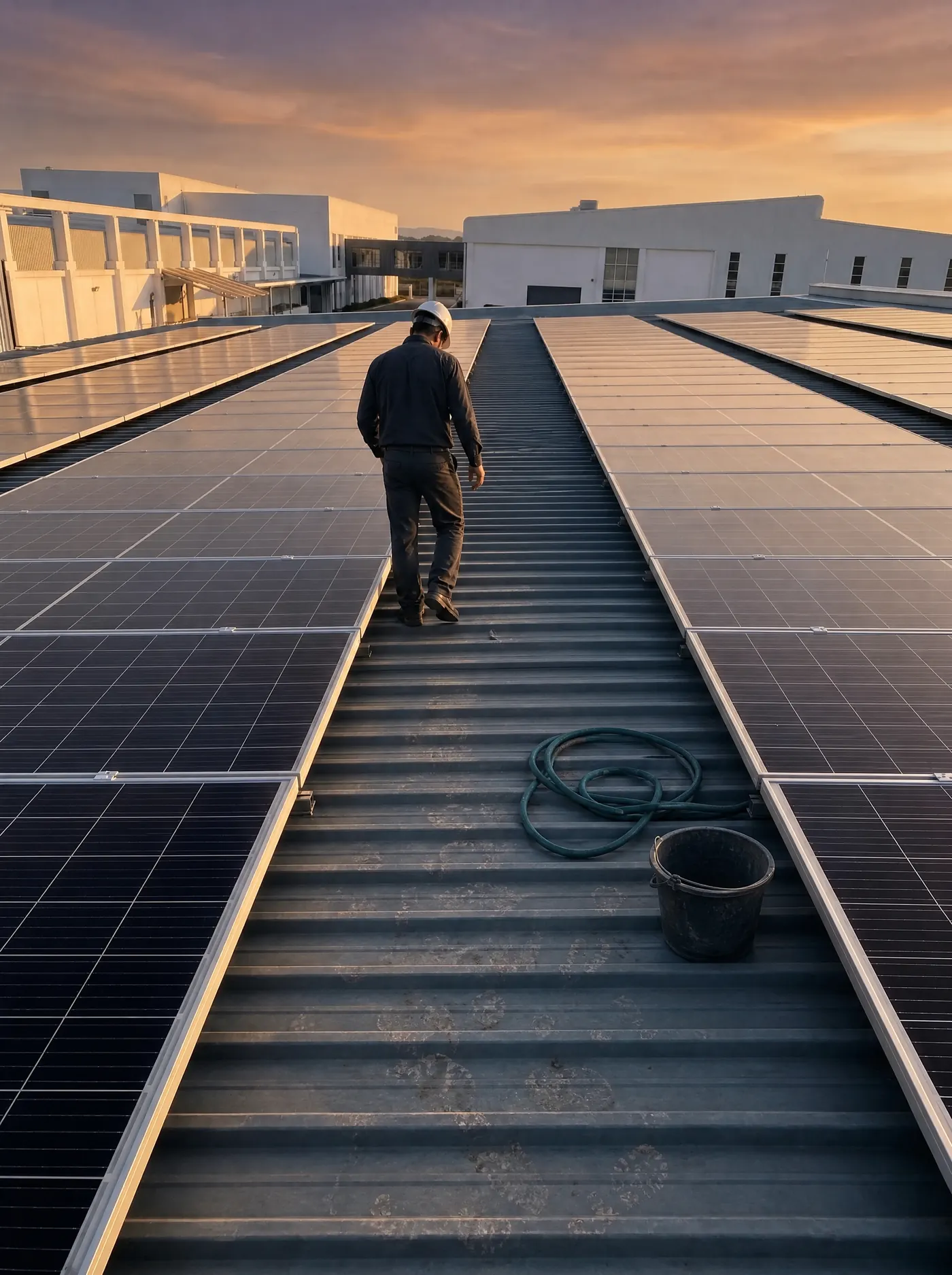 Antes: cubierta con paneles solares sin pasillo; un técnico camina sobre la lámina entre las filas de módulos, con una