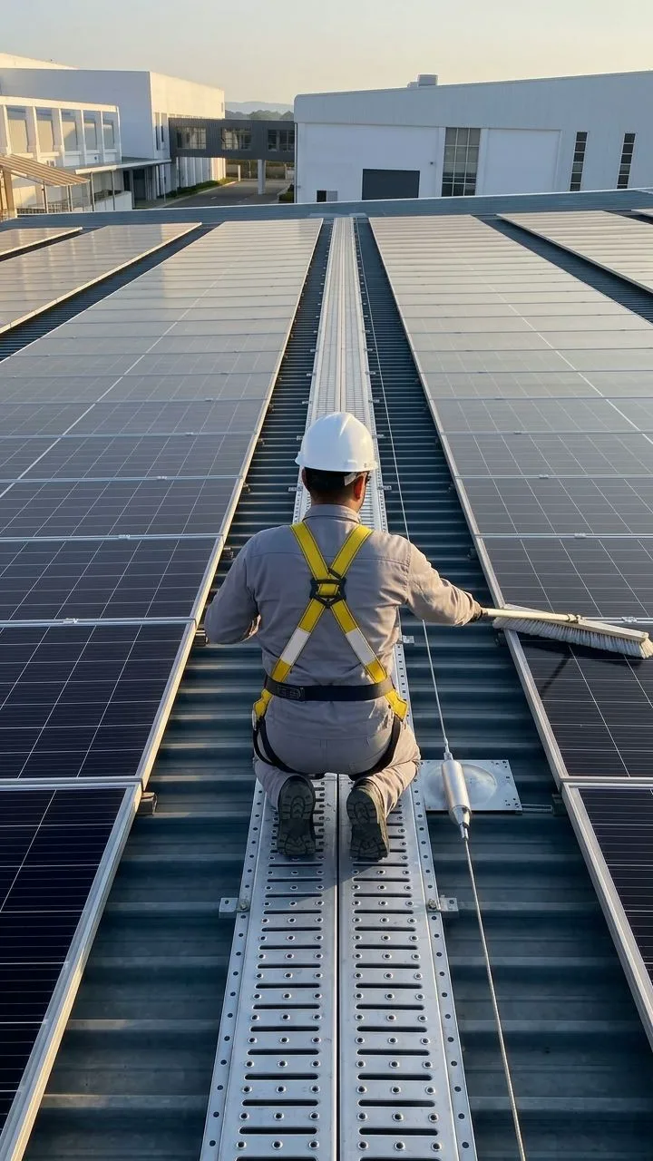 Técnico con arnés arrodillado sobre el pasillo técnico limpiando una fila de paneles solares